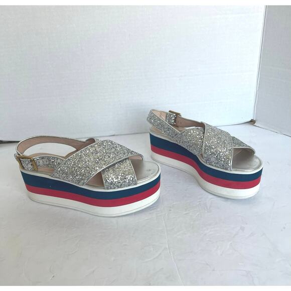 Auth Gucci Cross Sparkly Straps Red White Blue Platform Slingback Sandals Sz 4.5 - Picture 5 of 14
